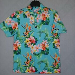Bad Birdie Polo Shirt Mens Large Blue Tropical Floral Golf Performance Stretch